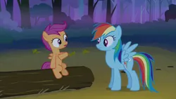 Size: 1280x720 | Tagged: safe, derpibooru import, screencap, rainbow dash, scootaloo, pegasus, pony, g4, sleepless in ponyville, female, filly, foal, image, looking at each other, looking at someone, mare, outdoors, png, sitting, standing