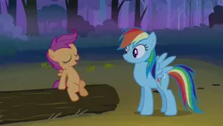 Size: 1280x720 | Tagged: safe, derpibooru import, screencap, rainbow dash, scootaloo, pegasus, pony, g4, sleepless in ponyville, eyes closed, female, filly, foal, image, looking at someone, mare, outdoors, png, sitting, smiling, standing