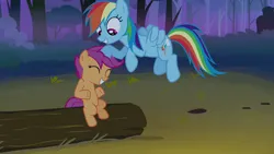 Size: 1280x720 | Tagged: safe, derpibooru import, screencap, rainbow dash, scootaloo, pegasus, pony, g4, sleepless in ponyville, eyes closed, female, filly, foal, image, looking at someone, mare, outdoors, png, sitting, smiling