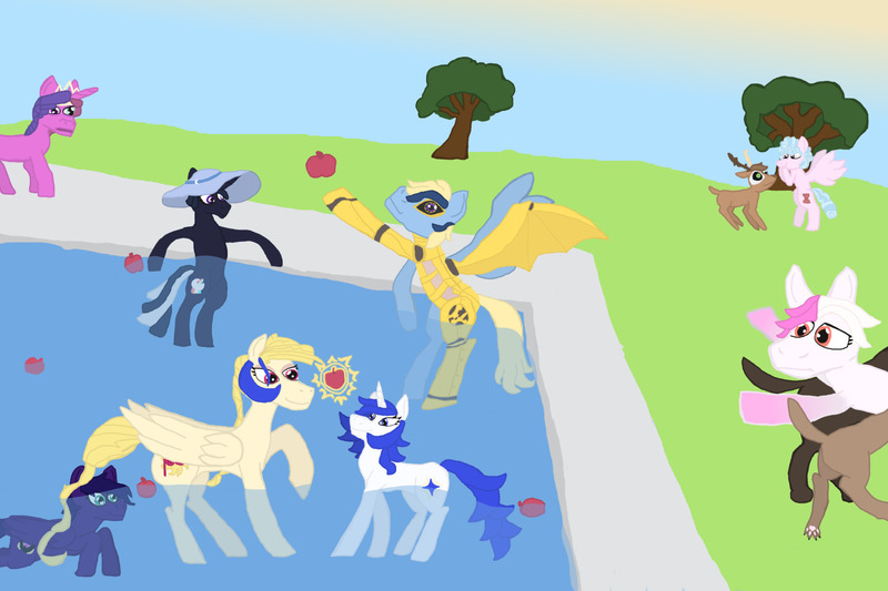 Size: 2048x1365 | Tagged: safe, artist:silverfishv9, derpibooru import, cozy glow, golden feather, princess celestia, oc, oc:azure star (silverfishv9), oc:cog wheeler (solredrose), oc:dusks dim (solredrose), oc:gold crown (solredrose), oc:lignum vitae (solredrose), oc:litter leader (solredrose), oc:night gaze (solredrose), bat pony, cyborg, deer, dog, earth pony, pegasus, pony, unicorn, spoiler:comic, spoiler:comic65, apple, bat pony oc, bat wings, crown, deer oc, disguise, earth pony oc, female, filly, flying, foal, folded wings, food, group, hat, horn, image, jewelry, jpeg, magic, magical lesbian spawn, mare, non-pony oc, nonbinary, offspring, parent:princess celestia, parent:princess luna, parents:princest, pegasus oc, product of incest, regalia, simple background, sun hat, swimming, swimming pool, tree, unicorn oc, water, wings