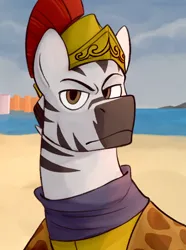 Size: 520x700 | Tagged: safe, artist:bunnyshrubby, derpibooru import, oc, oc:zalathel zarca, unofficial characters only, zebra, equestria at war mod, armor, bust, colthage, helmet, image, png, sand, solo, water, zebra oc