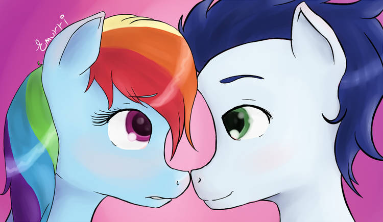 Size: 750x435 | Tagged: safe, artist:emiliearts, derpibooru import, rainbow dash, soarin', pegasus, pony, g4, female, image, jpeg, looking at each other, looking at someone, male, mare, shipping, soarindash, stallion, straight