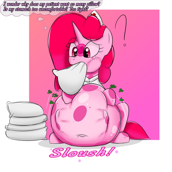 Size: 3000x3000 | Tagged: suggestive, artist:bestponies, derpibooru import, oc, oc:doctor gumheart, unofficial characters only, goo, goo pony, original species, pony, unicorn, belly, belly button, big belly, dialogue, doctor, endosoma, female, healing, high res, horn, huge belly, image, impossibly large belly, jpeg, mare, non-fatal vore, numbers, object vore, passepartout, pillow, question mark, safe vore, same size vore, sitting, stomach noise, unknown prey, vore