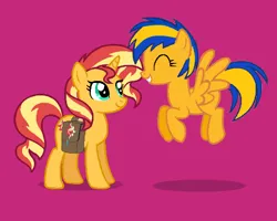 Size: 1250x1000 | Tagged: safe, artist:mlpfan3991, derpibooru import, sunset shimmer, oc, oc:flare spark, pegasus, pony, unicorn, g4, bag, eyes closed, happy, image, jumping, png, saddle bag, smiling