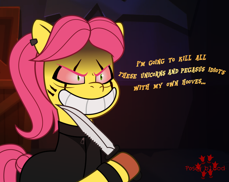 Size: 1604x1280 | Tagged: safe, artist:isaac_pony, derpibooru import, posey (g5), earth pony, pony, g5, my little pony: tell your tale, assassin, box, dialogue, evil, evil grin, female, grin, image, insanity, knife, logo, mare, murderer, now you fucked up, piercing, png, pony racism, posey blood, posey will have her revenge, racism, red eyes, revenge, sadist, sanity slippage, show accurate, slasher smile, smiling, solo, tell your tale accurate, this will end in death, this will end in tears, this will end in tears and/or death