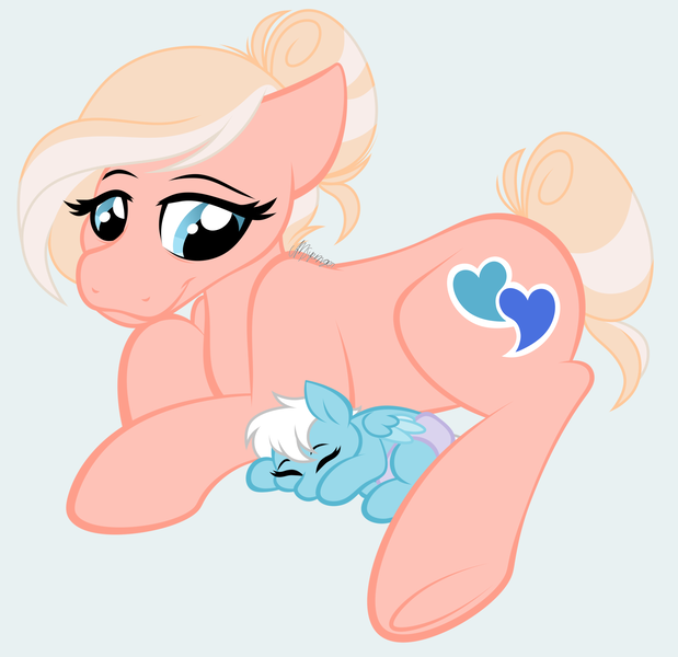 Size: 2301x2229 | Tagged: safe, artist:feather_bloom, derpibooru import, oc, oc:feather bloom(fb), oc:featherbloom, oc:peach waterblossom(fb), earth pony, pegasus, pony, baby, baby pony, foal, hair bun, high res, image, nanny, png, simple background, sleeping, tail, tail bun, wholesome