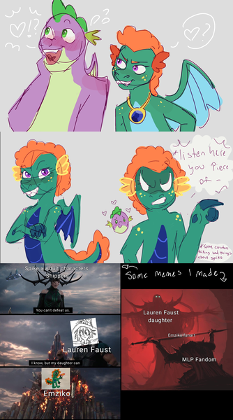 Size: 1920x3445 | Tagged: safe, artist:mythical artist, derpibooru import, spike, oc, oc:emziko, dragon, g4, 2022, adult, adult spike, canon x oc, dragoness, emanata, female, floating heart, grin, heart, image, jewelry, male, meme, necklace, older, older spike, open mouth, pictogram, plewds, png, shipping, smiling, speech bubble, spiko, straight, thor: ragnarok