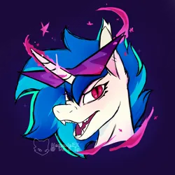 Size: 2650x2650 | Tagged: safe, artist:nezumieex, derpibooru import, vinyl scratch, bat pony, bat pony unicorn, hybrid, pony, unicorn, g4, bat ponified, bust, female, glow, glowing horn, high res, horn, image, kamina sunglasses, mare, open mouth, png, portrait, race swap, sharp teeth, signature, slit pupils, solo, speedpaint available, sunglasses, teeth