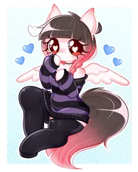 Size: 1408x1756 | Tagged: safe, artist:arwencuack, derpibooru import, oc, oc:arwencuack, anthro, pegasus, abstract background, arm hooves, choker, clothes, heart, heart eyes, image, off shoulder, off shoulder sweater, passepartout, png, shoulderless, simple background, solo, sweater, wingding eyes, wings, zettai ryouiki