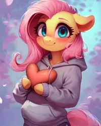 Size: 1024x1280 | Tagged: safe, ai content, derpibooru import, editor:nightluna, machine learning generated, stable diffusion, fluttershy, pegasus, pony, semi-anthro, g4, arm hooves, blushing, clothes, cute, ear fluff, female, generator:purplesmart.ai, heart, holding, hood, hoodie, hooves, image, jpeg, looking at you, mare, outdoors, prompter:nightluna, shyabetes, sky, smiling, smiling at you, solo, tail