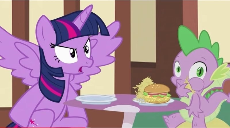 Size: 1080x604 | Tagged: safe, artist:toucanldm, derpibooru import, spike, twilight sparkle, twilight sparkle (alicorn), alicorn, dragon, pony, g4, burger, female, food, french fries, hay burger, hay fries, image, jpeg, kim possible meets my little pony, mare, mushroom table, offended, scoff, spread wings, winged spike, wings