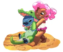 Size: 2342x1938 | Tagged: safe, artist:applephil, derpibooru import, gummy, pinkie pie, human, g4, animal costume, clothes, cosplay, costume, crossover, dragging, duo, duo male and female, female, gritted teeth, high res, image, lilo and stitch, lilo pelekai, male, moderate dark skin, one eye closed, png, sand, simple background, stitch, sweat, teeth, white background