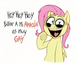 Size: 956x796 | Tagged: safe, artist:l4zy_4le, derpibooru import, fluttershy, pegasus, pony, .mov, shed.mov, g4, dialogue, female, fluttershed, image, jpeg, looking at you, mare, open mouth, open smile, pony.mov, simple background, smiling, smiling at you, solo, spanish, stay out of my shed, underhoof, white background