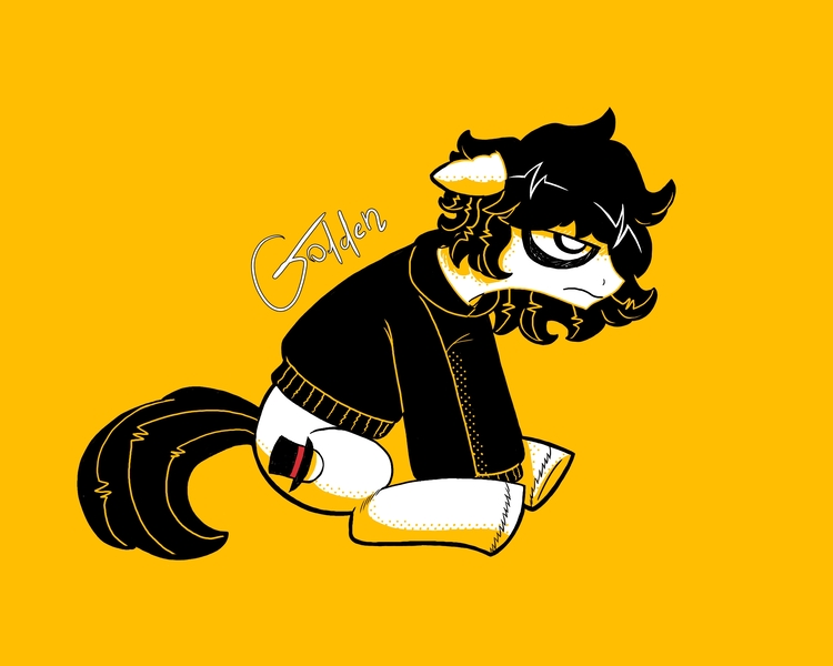 Size: 2000x1600 | Tagged: safe, artist:goldensuculents, derpibooru import, earth pony, pony, clothes, fanart, hat, hoodie, image, jpeg, masterlasheron, messy mane, monochrome, simple background, sitting, solo, top hat, yellow background, youtuber