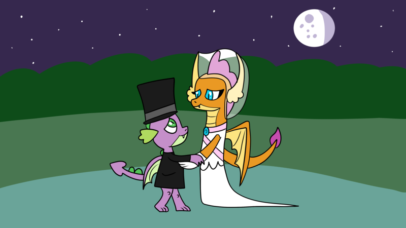 Size: 1920x1080 | Tagged: safe, artist:platinumdrop, derpibooru import, smolder, spike, g4, clothes, dress, female, hat, image, male, marriage, moon, night, png, request, ship:spolder, shipping, stars, straight, top hat, tuxedo, waltz, wedding, wedding dress, wedding veil