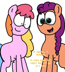 Size: 3023x3351 | Tagged: safe, artist:professorventurer, derpibooru import, sunny starscout, earth pony, pony, series:ask pippamena, g3, g5, braid, braided ponytail, cute, dialogue, dilated pupils, duo, duo female, eye shimmer, female, g3 to g5, generation leap, hair tie, high res, image, low angle, mare, png, ponytail, simple background, smiling, sunnybetes, talking, toola-roola, white background