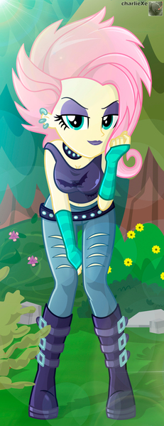 Size: 1367x3547 | Tagged: safe, artist:charliexe, derpibooru import, fluttershy, human, equestria girls, g4, breasts, busty fluttershy, cleavage, female, flutterpunk, image, jpeg, my little pony equestria girls: better together, solo