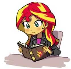 Size: 500x485 | Tagged: safe, artist:baekgup, derpibooru import, sunset shimmer, human, equestria girls, g4, blushing, cropped, cute, friendship journal, image, journal, png, reading, shimmerbetes, simple background, solo, white background