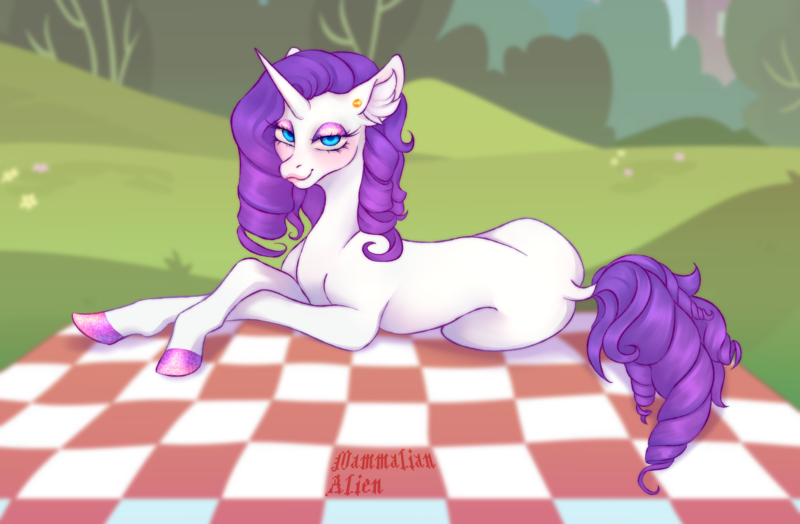 Size: 4444x2912 | Tagged: safe, artist:mammalian_alien, derpibooru import, rarity, pony, unicorn, g4, crossed hooves, ear fluff, ear piercing, earring, eyelashes, eyeshadow, female, glitter, hoof polish, hooves, image, jewelry, lidded eyes, lipstick, looking at you, lying down, makeup, mare, picnic, picnic blanket, piercing, png, prone, side, slender, solo, sparkly hooves, thin