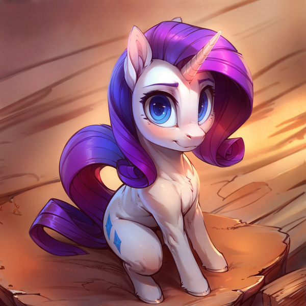 Size: 2176x2176 | Tagged: safe, ai content, derpibooru import, machine learning generated, rarity, pony, unicorn, g4, blushing, cute, female, generator:easyfluff v11.2, high res, image, jpeg, looking at you, mare, prompter:aiponyanon, sitting, smiling, solo