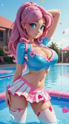 Size: 512x912 | Tagged: suggestive, ai content, derpibooru import, machine learning generated, stable diffusion, fluttershy, human, g4, alternate hairstyle, arm behind head, belly button, big breasts, blurry background, breasts, busty fluttershy, cleavage, clothes, female, hand on leg, hand on thigh, heart, humanized, image, legs in the water, looking at you, miniskirt, outdoors, partially submerged, png, ponytail, prompter:cloudmaster316, skirt, smiling, smiling at you, socks, solo, swimming pool, thigh highs, tight clothing, water, zettai ryouiki