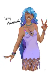 Size: 2488x3533 | Tagged: safe, artist:artbysarf, derpibooru import, izzy moonbow, human, g5, bracelet, cute, dark skin, female, grin, high res, humanized, image, izzybetes, jewelry, moderate dark skin, nail polish, necklace, one eye closed, pansexual, pansexual pride flag, peace sign, png, pride, pride flag, simple background, smiling, solo, standing, white background, wink