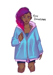 Size: 2488x3533 | Tagged: safe, artist:artbysarf, derpibooru import, human, g5, clothes, cornrows, cute, dark skin, female, freckles, high res, humanized, image, jacket, misty brightdawn, mistybetes, png, rebirth misty, shorts, simple background, solo, standing, tanktop, white background