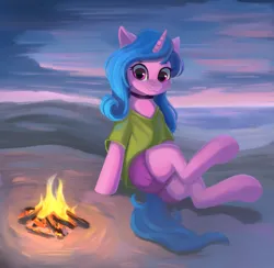 Size: 1995x1950 | Tagged: safe, artist:foxpit, derpibooru import, izzy moonbow, pony, unicorn, g4, g5, butt, campfire, clothes, eyebrows, female, fire, g5 to g4, generation leap, horn, image, looking at you, mare, outdoors, plot, png, shirt, shorts, signature, sitting, smiling, smiling at you, solo, t-shirt, underhoof