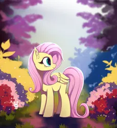 Size: 3613x3944 | Tagged: safe, artist:nnaly, derpibooru import, fluttershy, pegasus, pony, rabbit, g4, animal, exclamation point, female, flower, folded wings, high res, image, looking back, mare, outdoors, png, profile, smiling, solo, wings