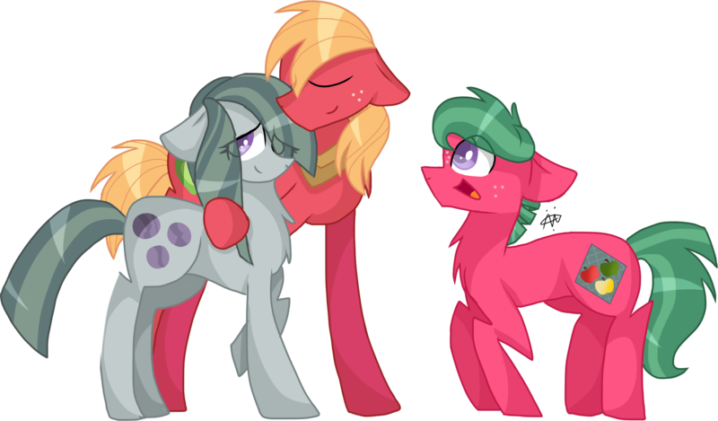 Size: 2816x1652 | Tagged: safe, artist:gallantserver, derpibooru import, big macintosh, marble pie, oc, oc:watermelon tourmaline, earth pony, pony, g4, chest fluff, concave belly, eye clipping through hair, eyes closed, female, image, male, marblemac, offspring, parent:big macintosh, parent:marble pie, parents:marblemac, png, shipping, simple background, smiling, standing, straight, transparent background