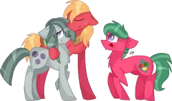 Size: 2816x1652 | Tagged: safe, artist:gallantserver, derpibooru import, big macintosh, marble pie, oc, oc:watermelon tourmaline, earth pony, pony, g4, chest fluff, concave belly, eye clipping through hair, eyes closed, female, image, male, marblemac, offspring, parent:big macintosh, parent:marble pie, parents:marblemac, png, shipping, simple background, smiling, standing, straight, transparent background