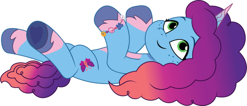 Size: 1504x646 | Tagged: safe, alternate version, artist:prixy05, derpibooru import, pony, unicorn, g5, my little pony: tell your tale, alternate character, behaving like a cat, bracelet, coat markings, concave belly, cute, female, freckles, friendship bracelet, hoof heart, image, jewelry, lying down, mare, misty brightdawn, mistybetes, on back, pale belly, png, rebirth misty, simple background, smiling, socks (coat marking), solo, transparent background, underhoof, unshorn fetlocks, upside-down hoof heart, vector