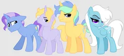 Size: 5914x2677 | Tagged: safe, artist:feather_bloom, derpibooru import, oc, oc:dusk breeze(fb), oc:feather bloom(fb), oc:frost gale(fb), oc:star stream(fb), unofficial characters only, pegasus, pony, unicorn, g4, alternate universe, blue eyes, bully, closed mouth, colored wings, colored wingtips, eyeshadow, family, female, floppy ears, folded wings, frown, green eyes, group, horn, image, lidded eyes, looking at someone, looking at you, makeup, male, mare, pegasus oc, png, purple eyes, quartet, siblings, simple background, smiling, stallion, standing, unicorn oc, white background, wings, worried