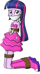 Size: 1034x1902 | Tagged: source needed, safe, artist:nivek15, derpibooru import, edit, twilight sparkle, human, equestria girls, g4, background removed, bondage, cloth gag, fall formal outfits, female, fetish, gag, hands behind back, image, kneeling, png, rope, rope bondage, simple background, solo, tied up, transparent background