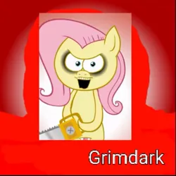 Size: 731x731 | Tagged: safe, artist:hotdiggedydemon, derpibooru import, edit, fluttershy, pegasus, pony, .mov, derpibooru, g4, 1000 hours in ms paint, chainsaw, image, jpeg, looking at you, low effort, low quality, meta, solo, spoilered image joke