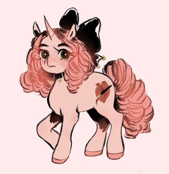 Size: 1932x1988 | Tagged: safe, artist:swollenbabyfat, derpibooru import, oc, oc:love drawn, unofficial characters only, pony, unicorn, big bow, black bow, blush lines, blushing, bow, choker, colored hooves, curly mane, curly tail, curved horn, eyelashes, female, full body, hair bow, heart choker, hooves, horn, image, jpeg, long mane, long tail, mare, pink background, pink coat, pink hooves, pink mane, pink tail, ponysona, raised hoof, ringlets, simple background, solo, standing, standing on three hooves, tail, unicorn horn, unicorn oc