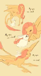 Size: 1684x3072 | Tagged: safe, artist:swollenbabyfat, derpibooru import, part of a set, angel bunny, fluttershy, pegasus, pony, rabbit, g4, animal, cloven hooves, duo, eyes closed, failgirl fluttershy, female, flying, image, jpeg, leonine tail, long fetlocks, male, mare, partially open wings, simple background, standing, tail, text, unshorn fetlocks, walking, wings, yellow background