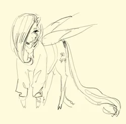 Size: 2048x2022 | Tagged: safe, artist:swollenbabyfat, derpibooru import, fluttershy, pegasus, pony, g4, clothes, failgirl fluttershy, high res, hoodie, image, jpeg, monochrome, partially open wings, solo, standing, sweater, sweatershy, wings