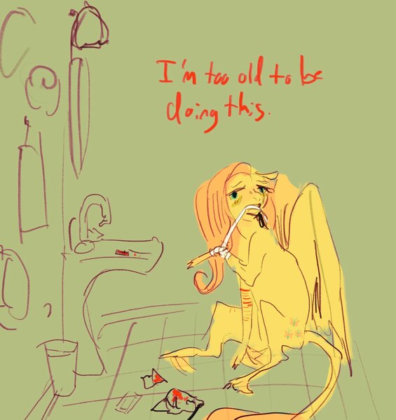 Size: 2048x2173 | Tagged: semi-grimdark, artist:swollenbabyfat, derpibooru import, fluttershy, pegasus, pony, g4, bandage, bathroom, blood, cloven hooves, cutting, failgirl fluttershy, female, high res, image, jpeg, leonine tail, mare, partially open wings, razor blade, scar, self harm, self harm scars, sink, sitting, solo, tail, text, towel, trash can, unshorn fetlocks, wings