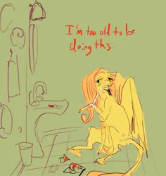 Size: 2048x2173 | Tagged: semi-grimdark, artist:swollenbabyfat, derpibooru import, fluttershy, pegasus, pony, g4, bandage, bathroom, blood, cloven hooves, cutting, failgirl fluttershy, female, high res, image, jpeg, leonine tail, mare, partially open wings, razor blade, scar, self harm, self harm scars, sink, sitting, solo, tail, text, towel, trash can, unshorn fetlocks, wings