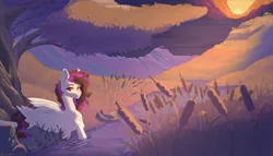 Size: 4000x2289 | Tagged: safe, artist:cherebushek, derpibooru import, oc, unofficial characters only, pegasus, pony, grass, image, looking at you, png, road, scenery, solo, sunset, tree, valley