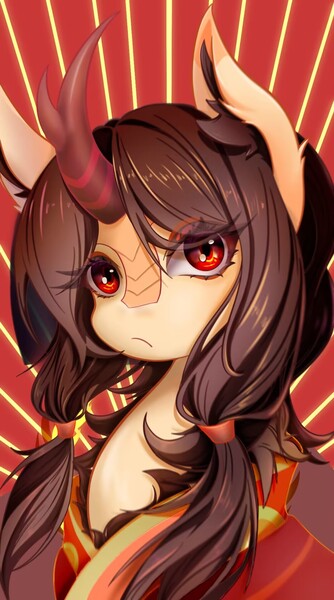 Size: 1068x1920 | Tagged: safe, artist:jijizi, derpibooru import, oc, oc:rising sun, kirin, equestria at war mod, bust, eye clipping through hair, female, frown, image, jpeg, tengwu