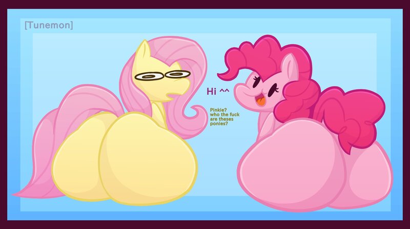 Size: 2258x1262 | Tagged: suggestive, artist:tunemon, derpibooru import, fluttershy, pinkie pie, earth pony, pegasus, pony, g4, balloonbutt, butt, duo, duo female, female, females only, flutterbutt, image, jpeg, large butt, looking at you, looking back, looking back at you, open mouth, open smile, passepartout, plot, sitting, smiling, smiling at you, the ass was fat, vulgar