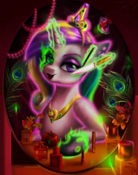 Size: 2830x3570 | Tagged: safe, artist:polnocnykot, derpibooru import, princess cadance, queen chrysalis, shining armor, alicorn, caterpillar, changeling, changeling queen, pony, worm, g4, apple, candle, chest fluff, cosmetics, crown, detailed, fake cadance, feather, female, fire, flower, food, glow, glowing eyes, glowing horn, gradient background, high res, horn, image, jewelry, jpeg, knife, lipstick, looking at something, makeup, mare, mirror, multicolored hair, multicolored mane, necklace, open mouth, open smile, peacock feathers, pearl necklace, perfume, photo, reflection, regalia, shapeshifting, smiling, solo, spider web, transformation, venus flytrap