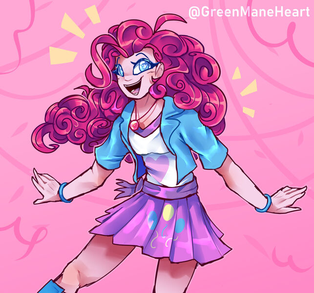 Size: 1920x1791 | Tagged: safe, artist:greenmaneheart, derpibooru import, pinkie pie, human, equestria girls, g4, abstract background, clothes, emanata, female, image, jpeg, open mouth, open smile, smiling, solo