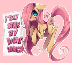 Size: 3409x2990 | Tagged: semi-grimdark, artist:oskilll, derpibooru import, fluttershy, g4, blood, crying, dialogue, high res, image, looking at you, png, speech bubble, sweat, teary eyes, text, torn wings, vulgar, wingless, wings