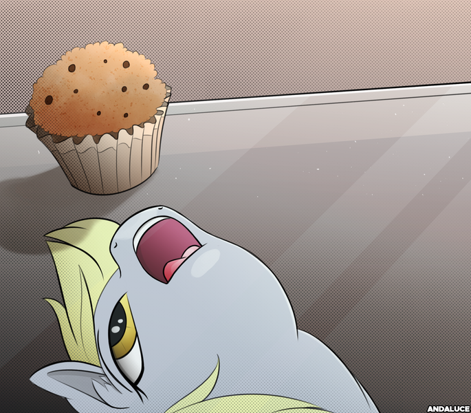 Size: 2231x1953 | Tagged: safe, artist:andaluce, derpibooru import, derpy hooves, pegasus, pony, g4, behaving like a dog, ear fluff, female, food, glass, image, mare, meme, muffin, open mouth, png, ponified animal photo, silly, solo