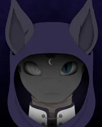 Size: 1080x1350 | Tagged: safe, artist:tiviyl, derpibooru import, oc, bat pony, bandage, blind eye, bust, clothes, hood, image, looking at you, mask, moon, png, portrait, solo, torn ear