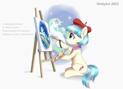 Size: 2856x2080 | Tagged: safe, artist:vinilyart, derpibooru import, coco pommel, earth pony, pony, unicorn, g4, beret, easel, female, hat, high res, image, mare, paintbrush, painting, palette, png, signature, simple background, sitting, smiling, solo, spanish, white background