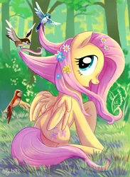 Size: 1299x1771 | Tagged: safe, artist:yulyeen, derpibooru import, fluttershy, bird, pegasus, pony, g4, 2013, animal, artifact, butt, female, flower, flower in hair, flutterbutt, grass, grooming, image, jpeg, mare, open mouth, plot, solo, tree